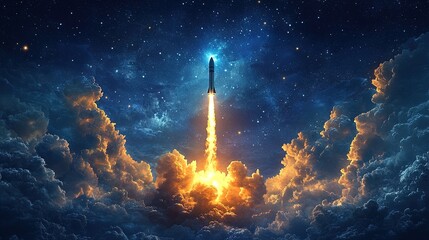 Stylized illustration of a rocket launching into a starry sky 
