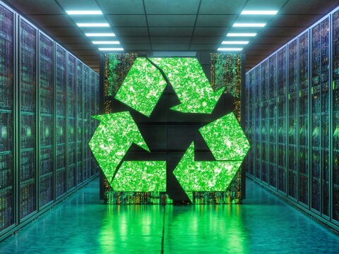 A data center with energy optimization graphics and a green icon for sustainability.