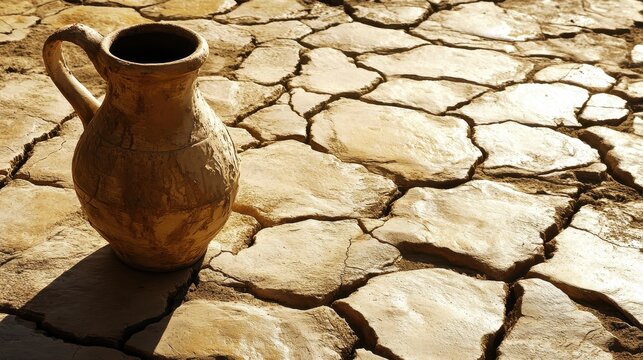 Vintage Clay Pot on Cracked Drought-Dry Earth Surface