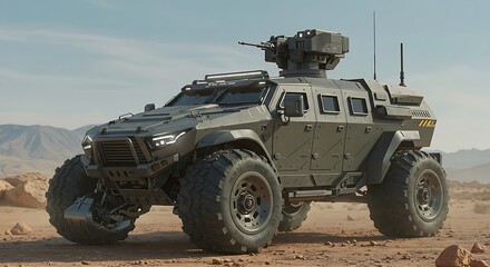 Fototapeta premium Futuristic Military Vehicle Rugged Armored Exterior Hovercraft Wheels Retractable Turret Generative Ai