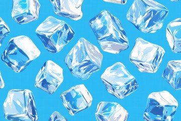 Obraz premium Clear ice cubes floating on a vibrant blue background create a refreshing visual effect. Generative AI