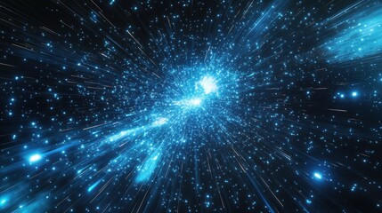 Retro 80s video game background with grid of blue light streaking in space