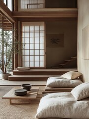 Obraz premium Serene japanese style interior showcases minimal furniture and natural light