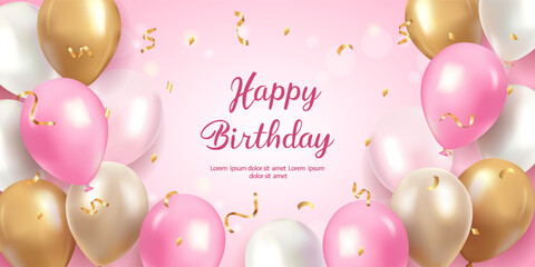 Realistic happy birthday banner with gold, pink and white balloons and confetti falling on a rose colored background. Suitable for greeting cards, posters, templates