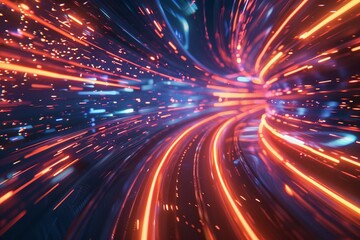 Naklejka premium Light trails with curve distortion and perspective angle on cyberpunk abstract background.