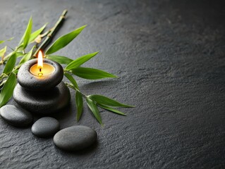 Obraz premium Spa flat lay featuring a burning candle, bamboo leaves, and black stones on textured surface evoking calmness, mindfulness, and rejuvenation