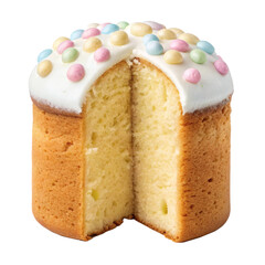 Sliced cupcake with white icing and colorful candy toppings, dessert and baked treats