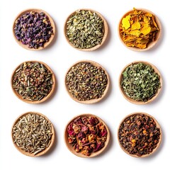 Fototapeta premium Dried Herbs and Spices Collection Aromatic Tea Ingredients Natural Herbal Blend Organic Food Photography Top View Wooden Bowls Culinary Background 