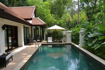 Fototapeta premium Tropical villa pool area in Thailand. Relaxing outdoor space