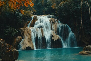 Tropical Waterfall Cascading into Pool, Lush Forest Background, Natural Scenery, Peaceful Landscape