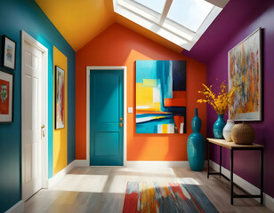 Vibrant modern interior with bold color contrasts and artistic accents