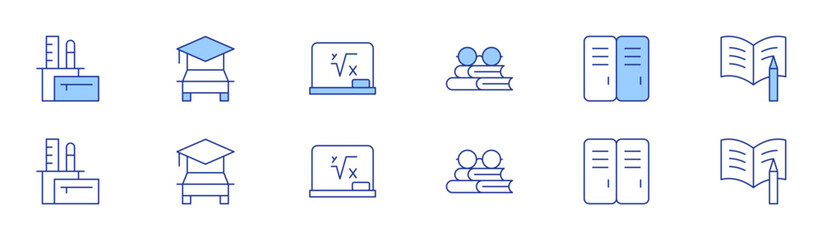 School icon set in two styles, Duotone and Thin Line style. Editable stroke. pencil case, board, locker, driving school, glasses, homework