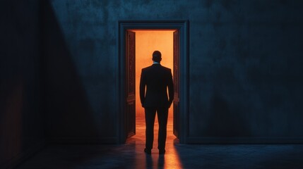 Obraz premium Rear view of businessman standing in light of opened door