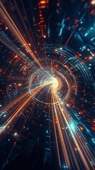 Fototapeta premium Light trails with curve distortion and perspective angle on cyberpunk abstract background.