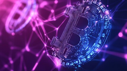 Blockchain technology futuristic hud ultraviolet background with blockchain polygon peer to peer network. Global cryptocurrency block chain business banner concept on violet background.