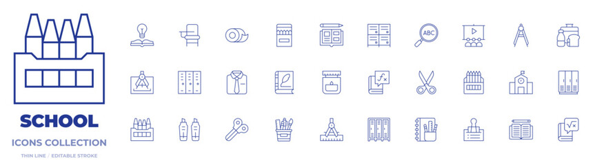 School icons collection. Thin Line icons, editable stroke. compass, lunchbox, lockers, scissors, students, locker, stationery, color pencil, kindergarten