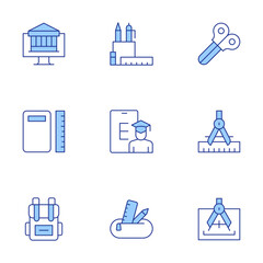 School icons set. Line Duotone style, editable stroke. pencil case, backpack, graduation, calculator, compass, online university, scissors