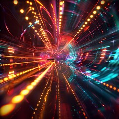 Naklejka premium Light trails with curve distortion and perspective angle on cyberpunk abstract background.