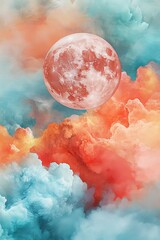 Naklejka premium Dreamy pink moon surrounded by fluffy clouds in vibrant sunset tones, blending celestial magic, atmospheric art, and surreal wonder