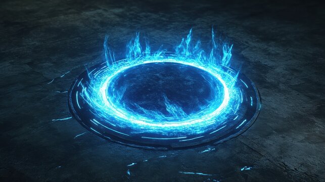 Energy spinning circle with blue glowing rays. Fantasy portal, magic twirled teleport on floor iod vector illustration. Effect energy ray teleport futuristic illustration