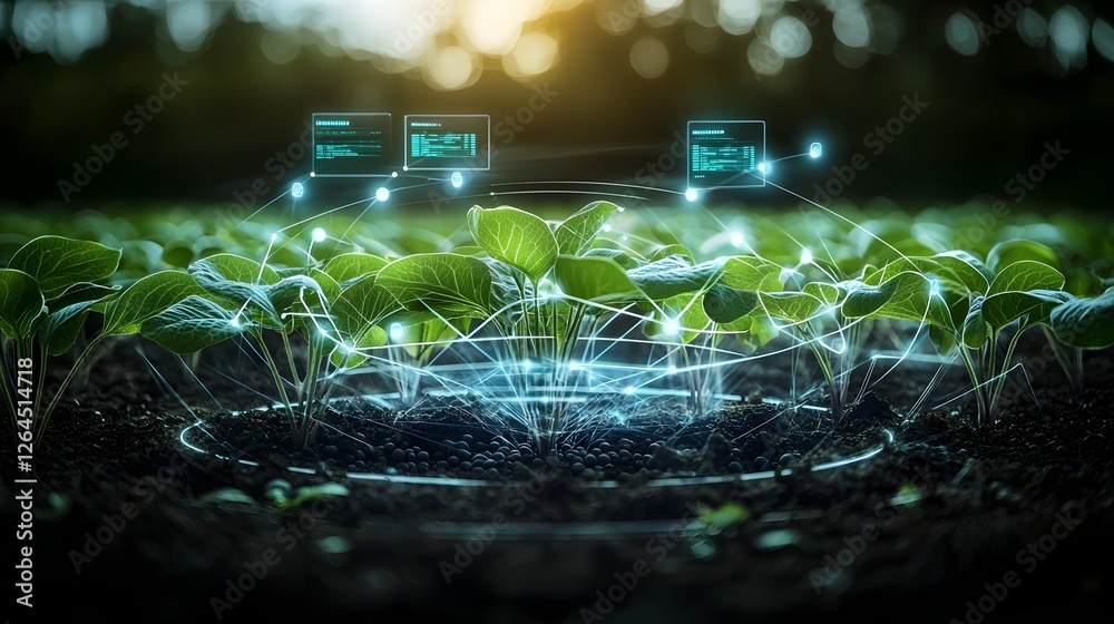 Poster futuristic smart greenhouse with rows of flourishing soybean plants under advanced automated precisi