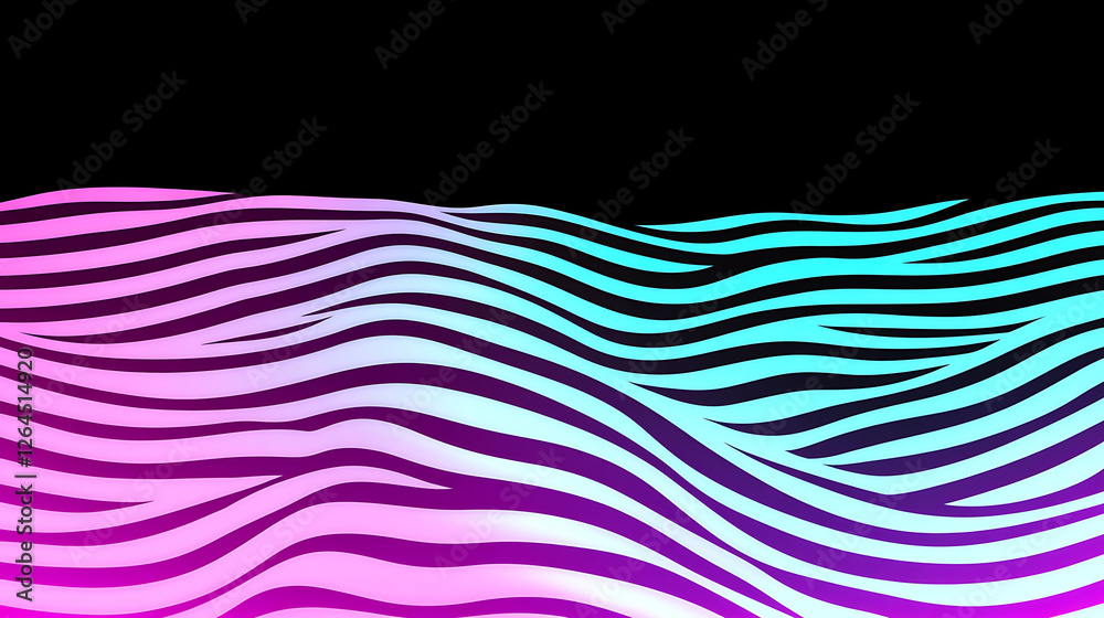 Poster fluid stripes pattern with a gradient color scheme in black background and dynamic wavy design