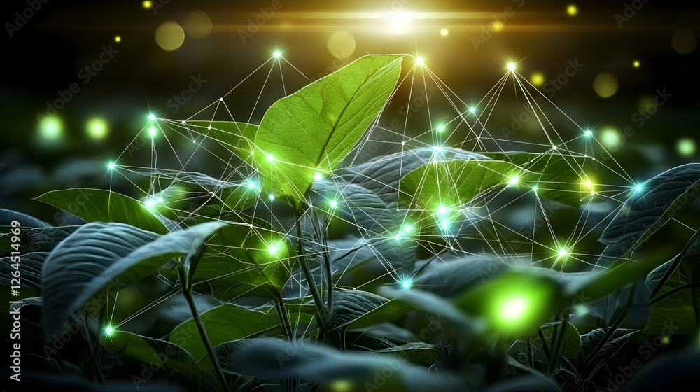 Poster A vast verdant soybean field bathed in soft golden sunlight and enhanced by a mesmerizing array of floating data points symbolizing the harmonious fusion of nature and advanced technology
