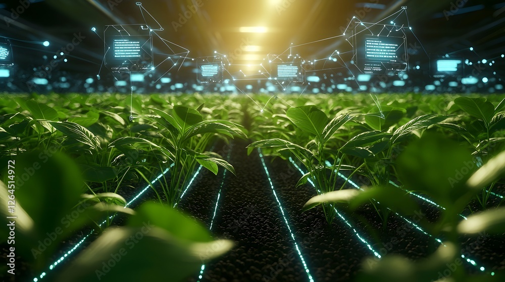 Poster futuristic greenhouse featuring rows of vibrant soybean plants and cutting edge automation systems
