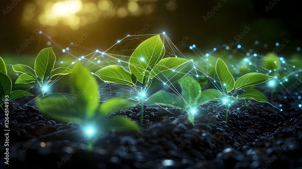 Aufkleber an endless expanse of lush soybean plants with shimmering luminescent data points scattered througho