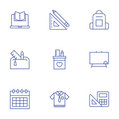 School icons set. Thin Line style, editable stroke. online learning, pencil case, schedule, stationary, tools, uniform, backpack, board, calculator