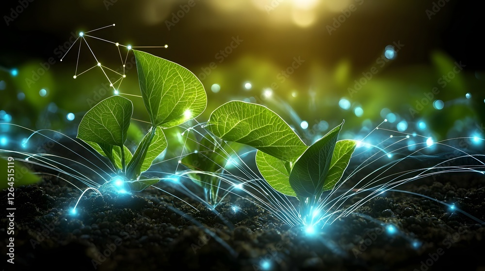 Fototapete Breathtaking aerial perspective of an expansive green soybean field with radiant floating data points creating a visually stunning representation of the modern