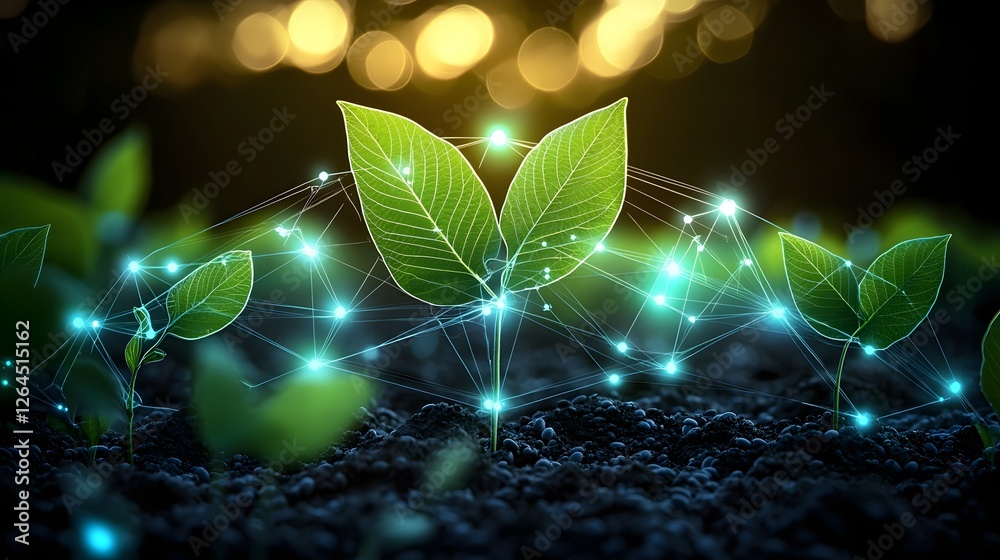 Poster Breathtaking aerial perspective showcasing a vast verdant soybean field with a visually captivating overlay of radiant floating data points   a striking representation of modern