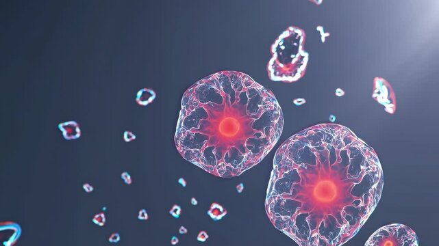 Microscopic view of floating biological cells with translucent membranes and red nuclei