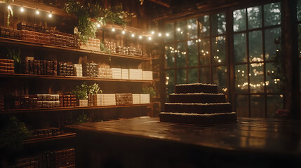 Four Layer Cake Displayed on a Wooden Table in a Rustic Room with Books and String Lights Ambiance