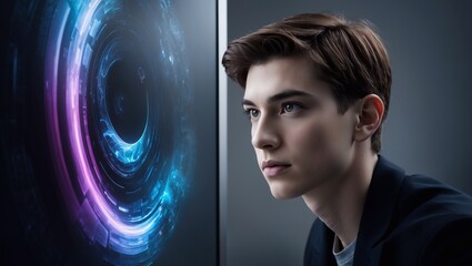 young man looking at screen with abstract artificial intelligence technology