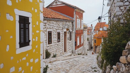 Colorful cobblestone street in a quaint village with historic buildings and vibrant rooftops