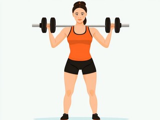 Obraz premium Athletic woman in orange top performing barbell squat, showcasing strength, fitness determination, and dedication to health and active lifestyles in vivid imagery