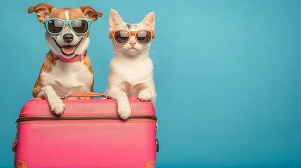 Stylish dog and cat duo wearing trendy sunglasses sitting together on a colorful suitcase ready for an exciting adventure against a vibrant blue studio background