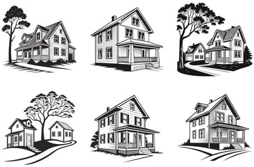 simple duplex home design set, black and white silhouette, illustration on a white background.