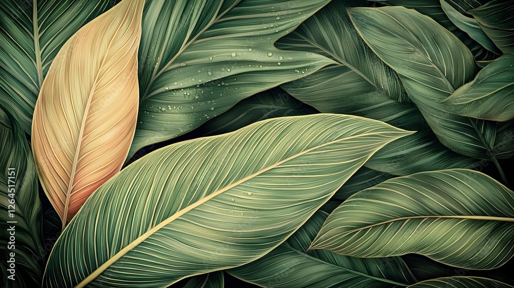 Poster Exquisite close up of lush vibrant tropical jungle leaves with delicate dewdrops sparkling across the surface creating a refreshing serene botanical background with soft glowing highlights