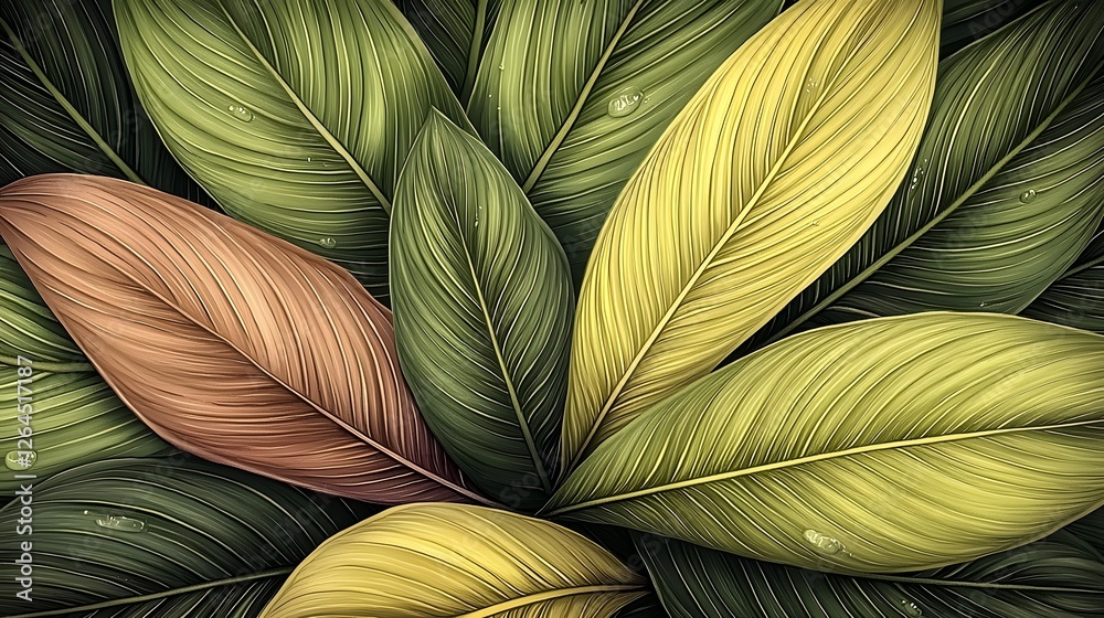 Poster lush and vibrant tropical leaves and foliage with delicate dew droplets creating a refreshing botani