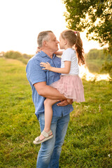 Dad tenderly holding cute girl in arms at sunset, tickling each other with noses, creating warm,...