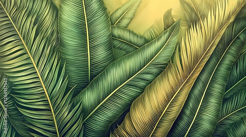 Aufkleber Close up of beautiful overlapping fern leaves in a lush verdant rainforest setting displaying various shades of green with soft natural lighting and a peaceful dreamy atmosphere