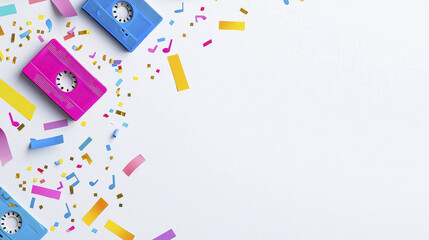 Colorful cassette tapes surrounded by confetti create festive atmosphere