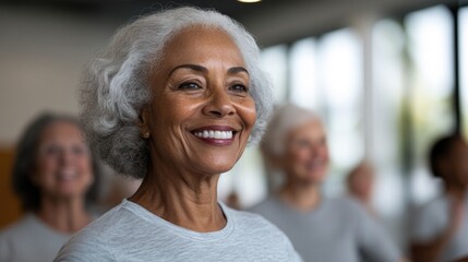 Joyful elderly woman smiling during group exercise class, showca