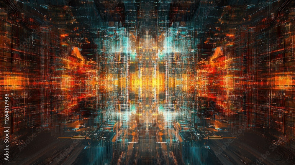 Poster create an abstract technological background resembling a digital circuit board.