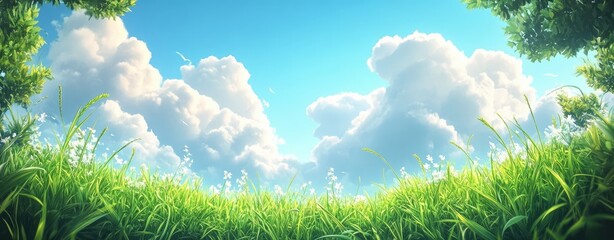 A serene landscape featuring lush green grass under a bright blue sky adorned with fluffy white clouds.