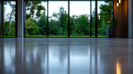 Fototapeta premium Reflective Floor with Scenic View: Modern Interior Design