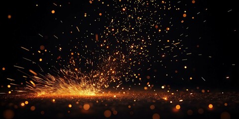 Naklejka premium Glowing fire embers and sparks flicker against a dark background, creating a mesmerizing display of fiery particles and shimmering light