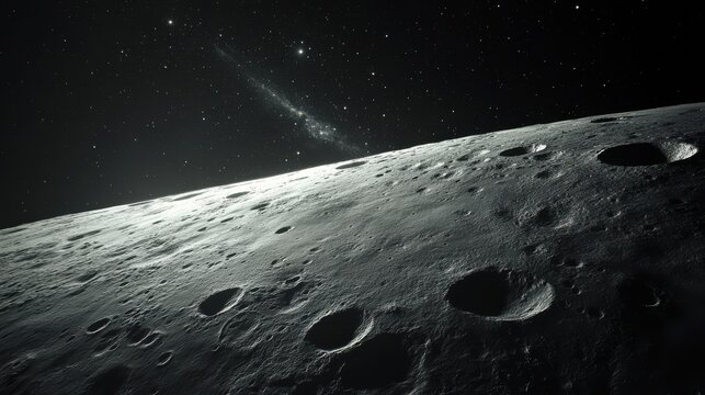 Space and planet background. Planets surface with craters, stars and comets in dark space. Vector illustration. Space sky with planet and satellite